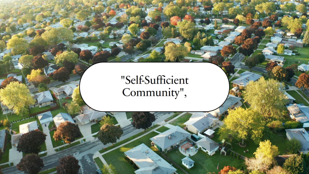 AI-generated aerial view of a green, self-sufficient community