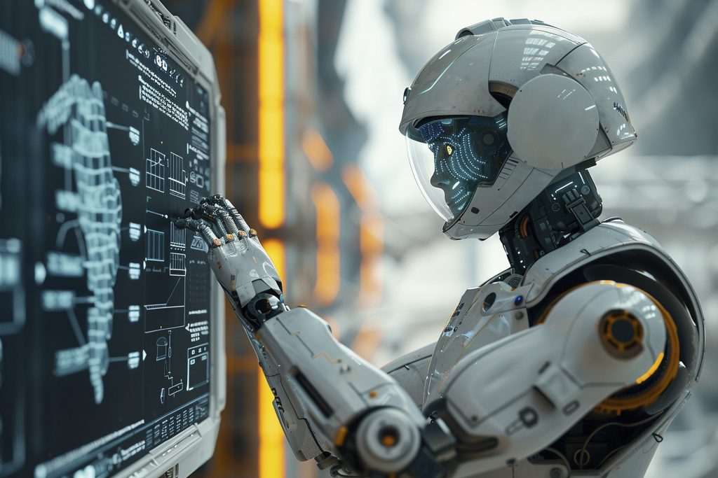 AI-generated robot studying engineering blueprints on a screen